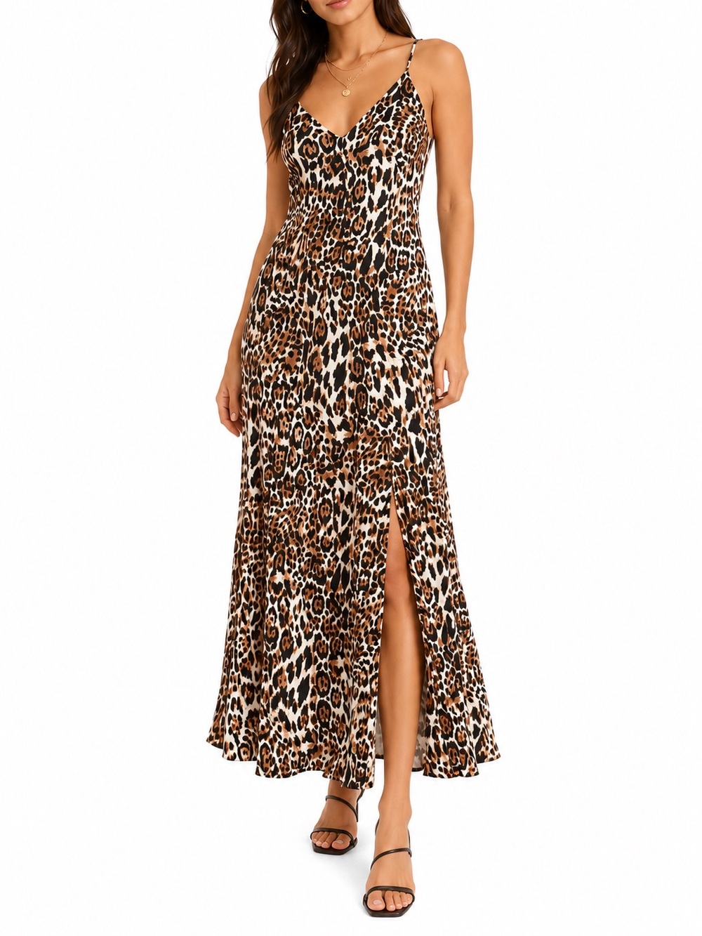 Honey Punch Leopard Print Maxi Dress XS Spaghetti Strap Center Split Panel
